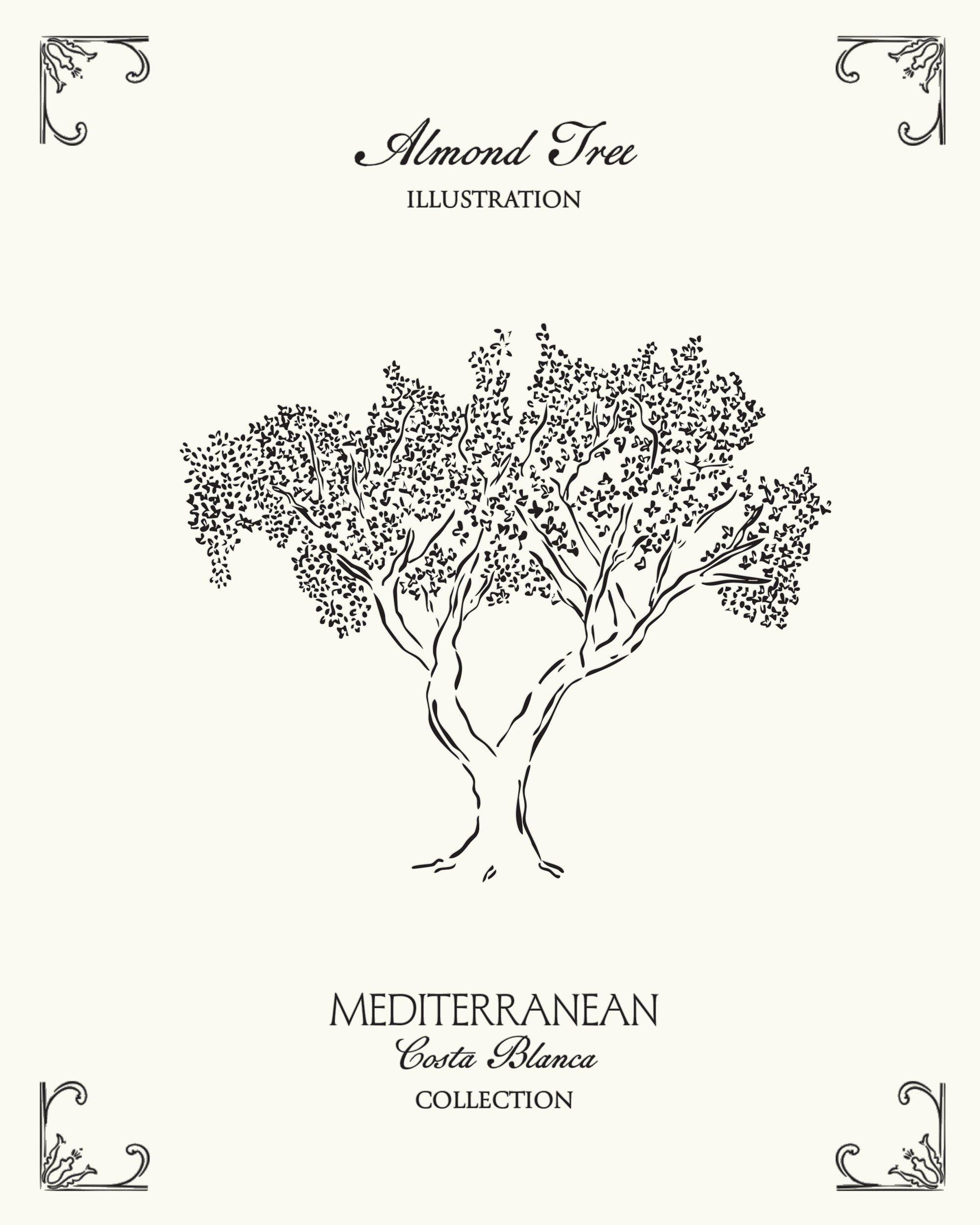 Mediterranean almond tree illustration inspired by the landscapes of Spain’s Costa Blanca