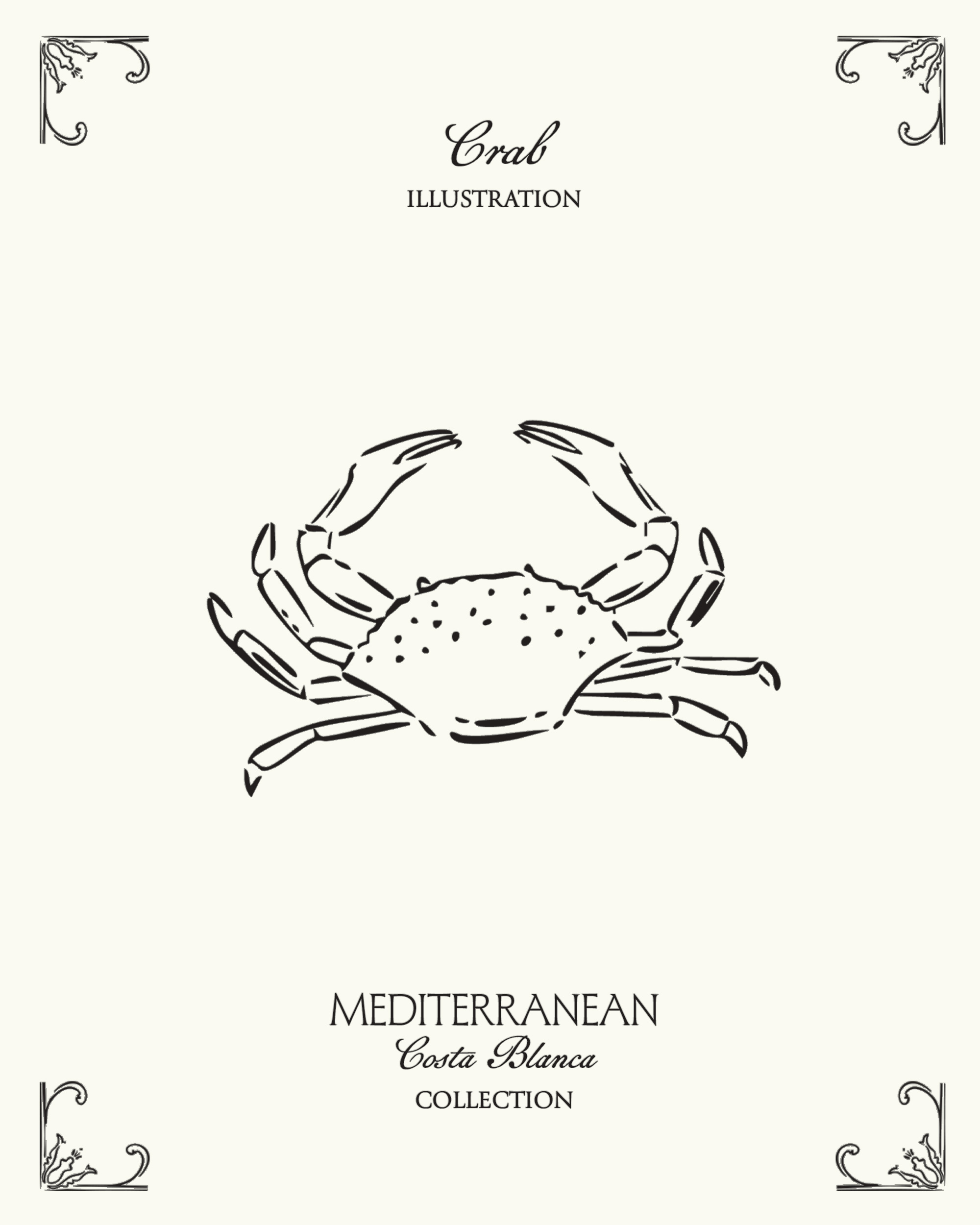Minimal crab illustration inspired by Mediterranean seafood culture and the coastal lifestyle of Spain’s Costa Blanca