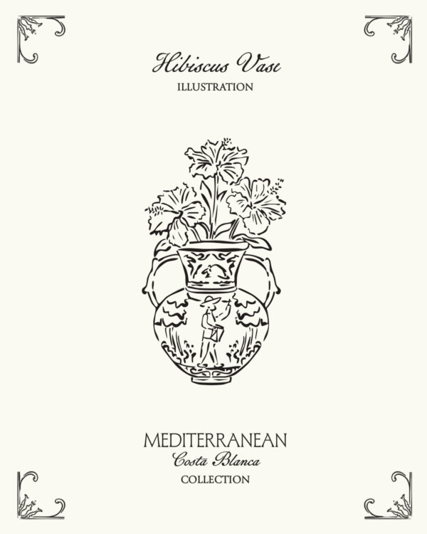 Mediterranean ceramic vase illustration with hibiscus flowers inspired by coastal Spanish interiors