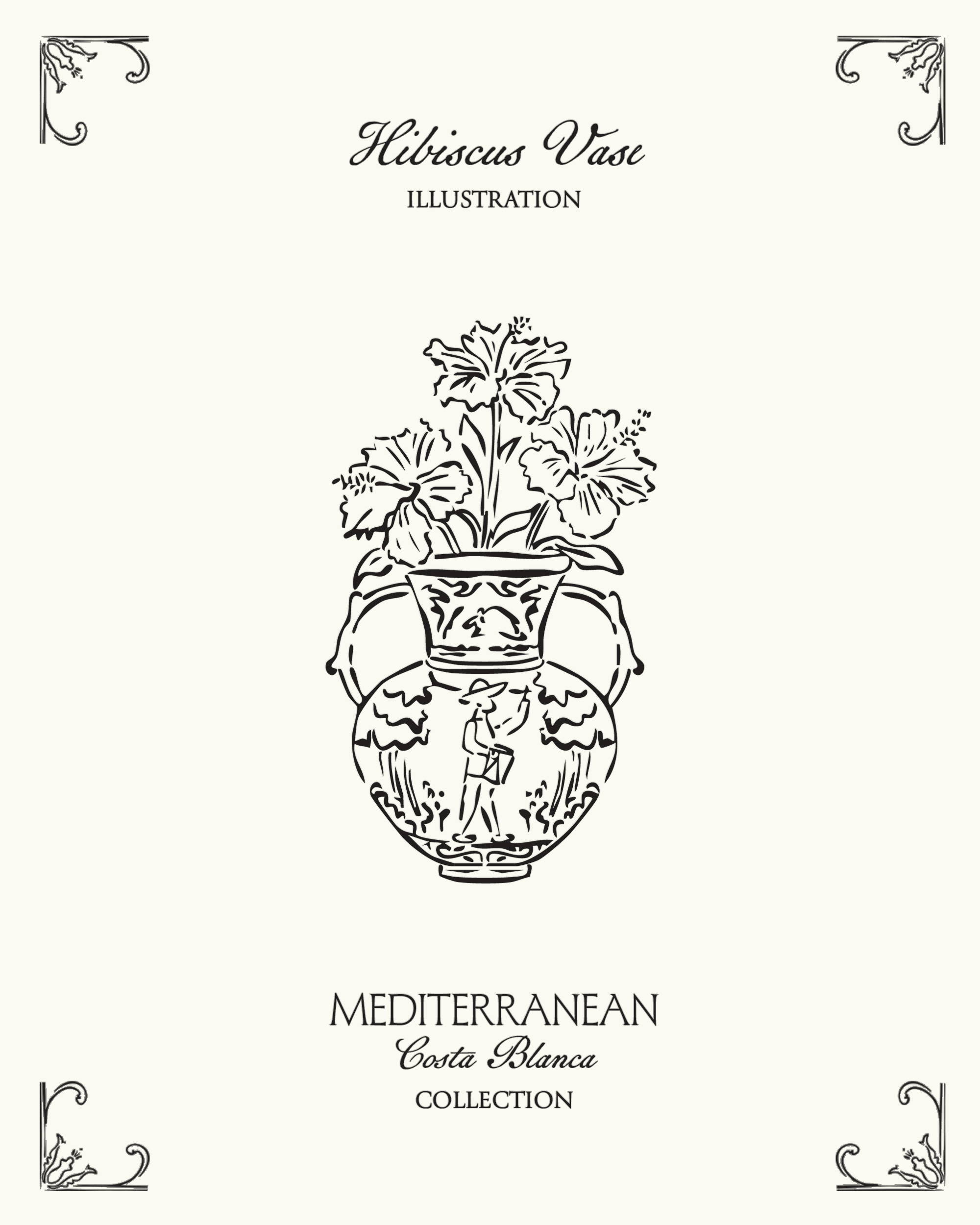 Mediterranean ceramic vase illustration with hibiscus flowers inspired by coastal Spanish interiors