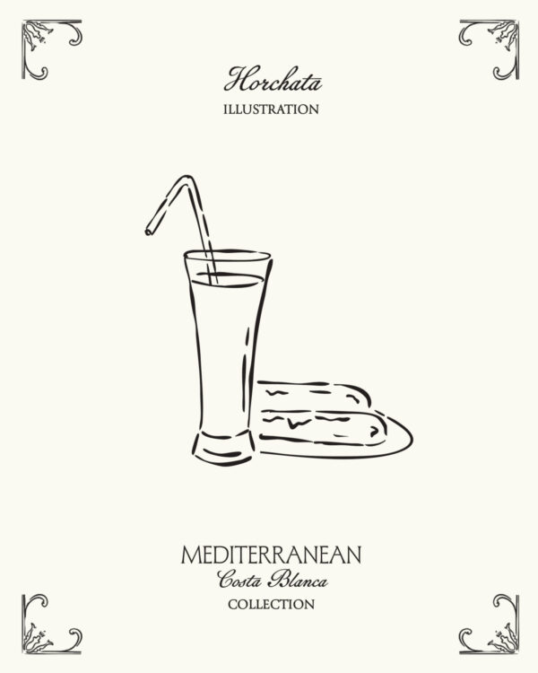 Minimal horchata illustration inspired by Mediterranean lifestyle and traditional Valencian summer culture from Spain’s Costa Blanca