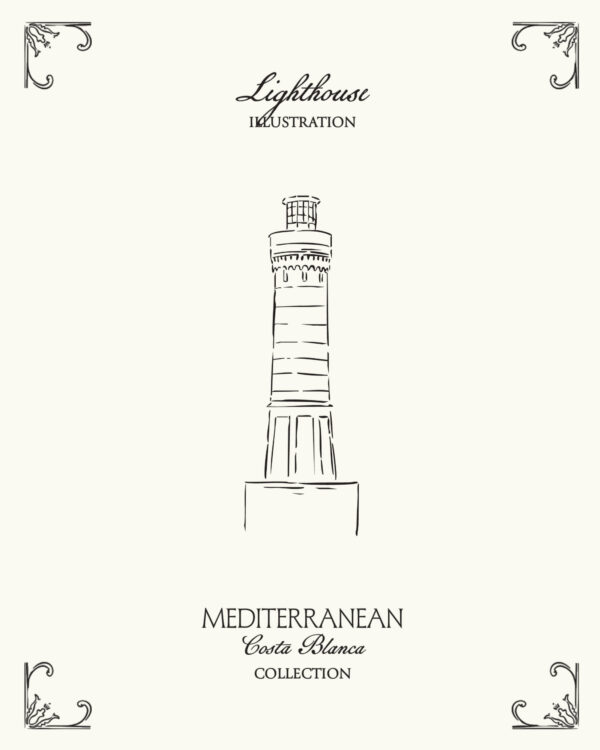 Mediterranean lighthouse illustration inspired by the coastal landscapes of Spain’s Costa Blanca