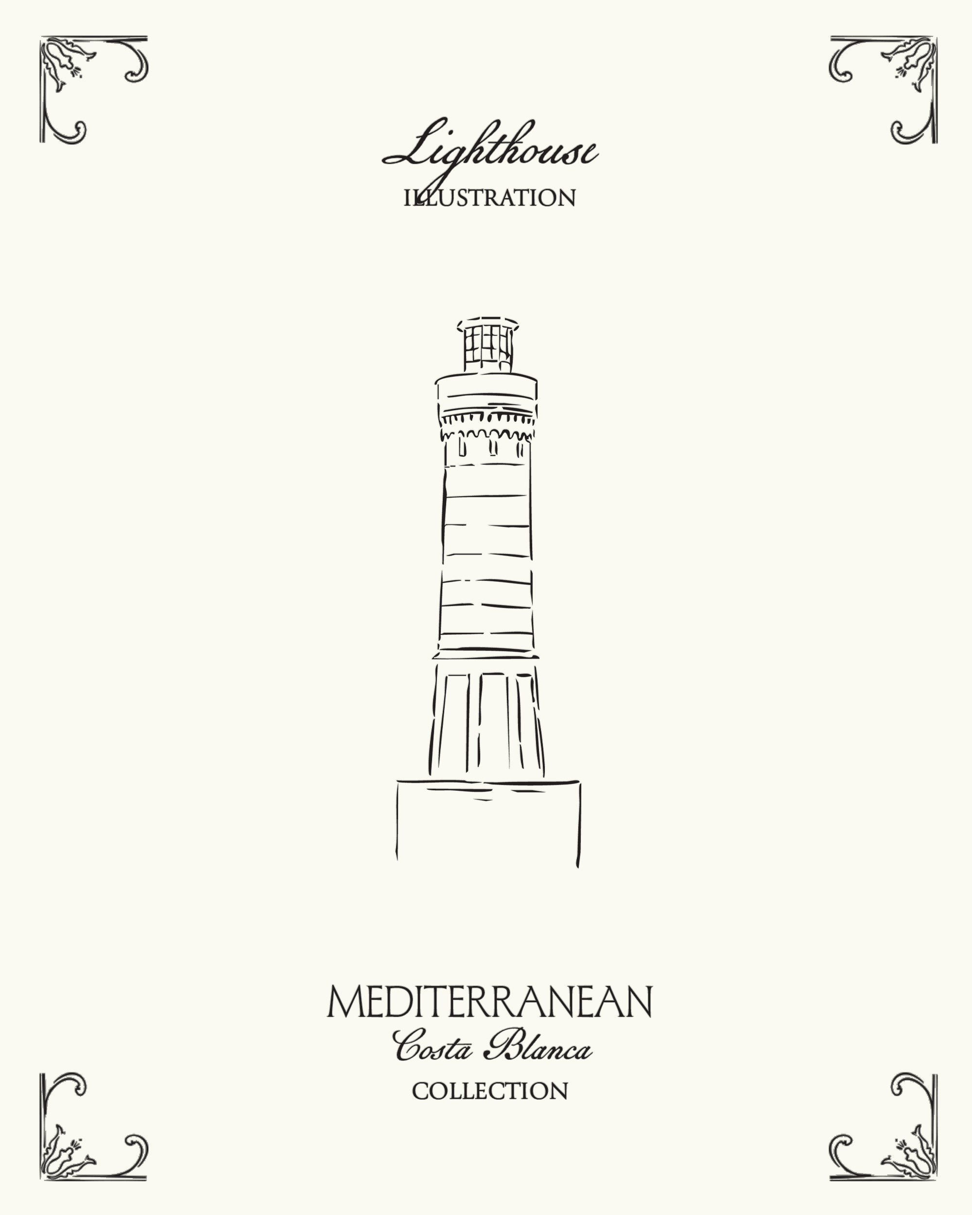 Mediterranean lighthouse illustration inspired by the coastal landscapes of Spain’s Costa Blanca