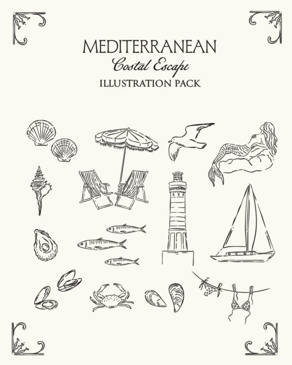 Mediterranean coastal illustration pack featuring sailboat, lighthouse, shells, seafood and seaside symbols in minimal line art style