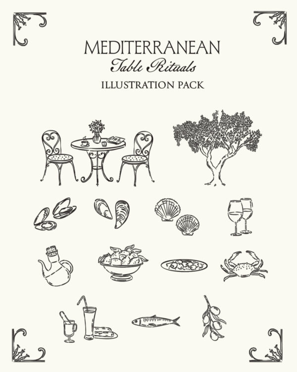 Mediterranean illustration pack featuring olive oil, seafood, olives, wine glasses and Mediterranean table rituals in minimal line art style