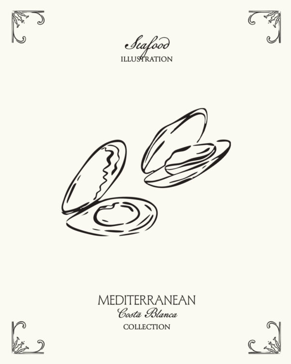 Minimal Mediterranean seafood illustration inspired by Valencian coastal cuisine and Costa Blanca aesthetics