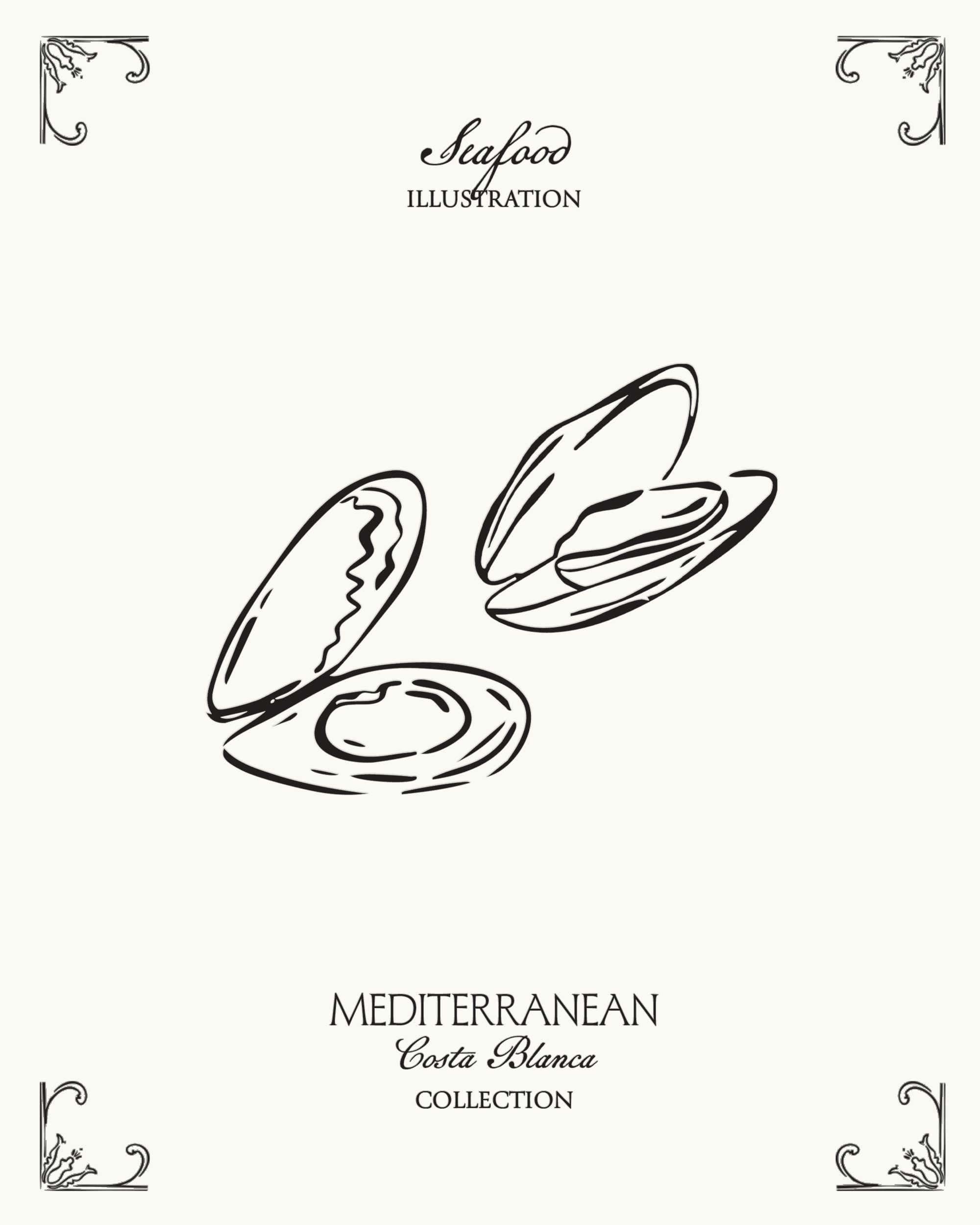 Minimal Mediterranean seafood illustration inspired by Valencian coastal cuisine and Costa Blanca aesthetics