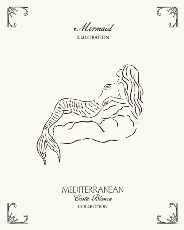 Minimal mermaid illustration inspired by Mediterranean coastal mythology and the seaside atmosphere of Spain’s Costa Blanca
