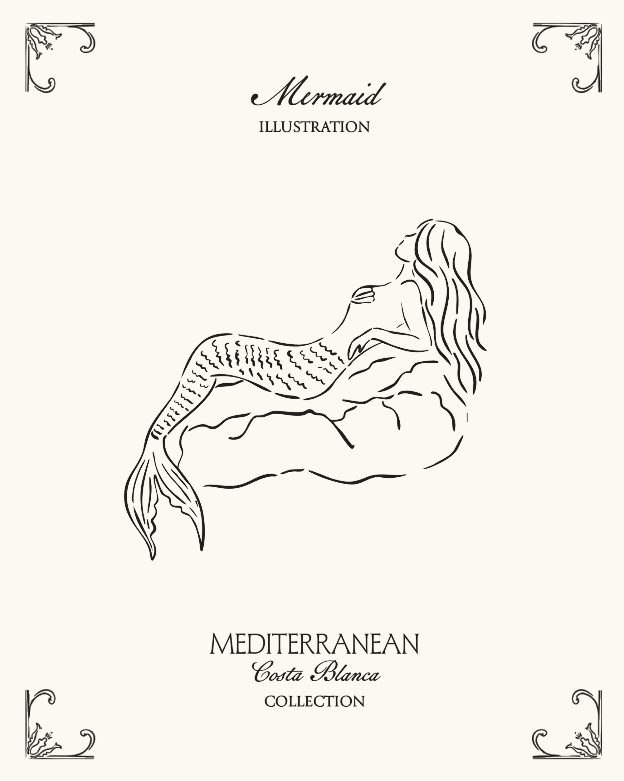 Minimal mermaid illustration inspired by Mediterranean coastal mythology and the seaside atmosphere of Spain’s Costa Blanca