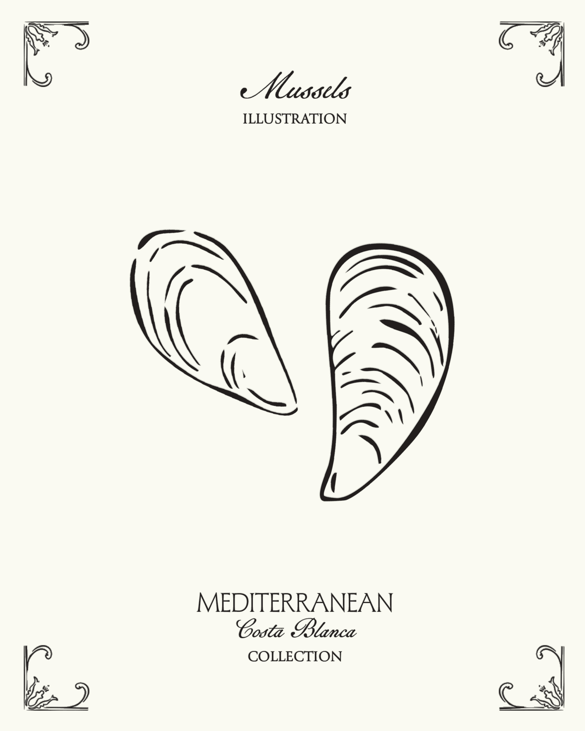 Minimal mussels illustration inspired by Mediterranean seafood culture and the coastal lifestyle of Spain’s Costa Blanca