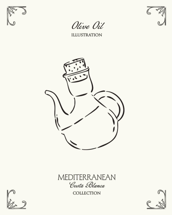 Minimal olive oil illustration inspired by Mediterranean cuisine and the coastal lifestyle of Spain’s Costa Blanca