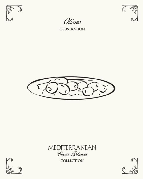 Minimal olives illustration inspired by Mediterranean cuisine and the coastal lifestyle of Spain’s Costa Blanca