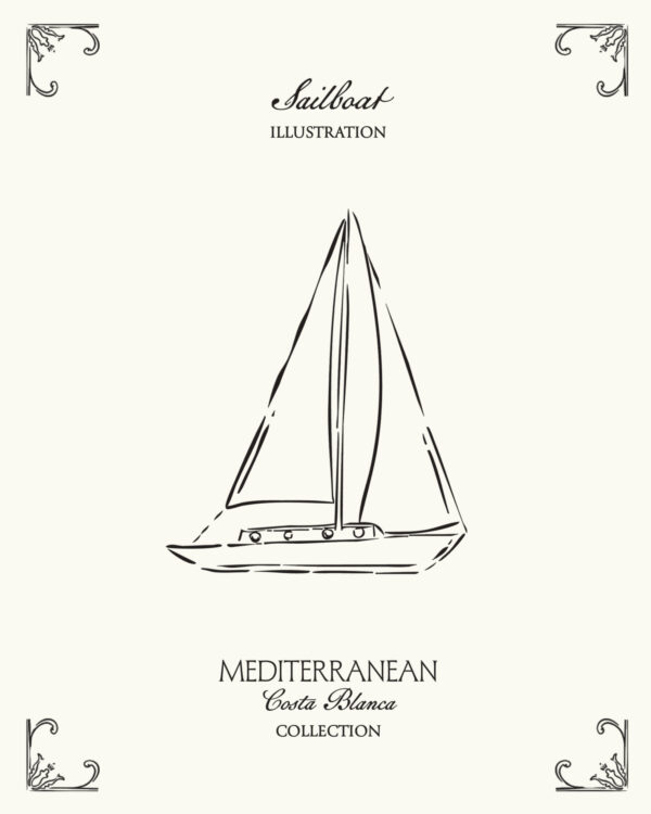 Minimal Mediterranean sailboat illustration inspired by the coastal landscapes of Spain’s Costa Blanca