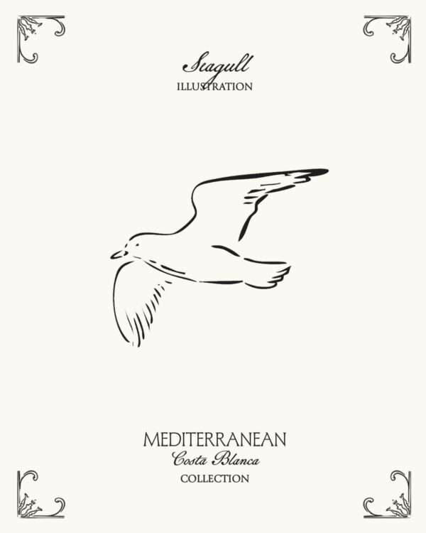 Minimal seagull illustration inspired by Mediterranean coastal landscapes and seaside aesthetics from Spain’s Costa Blanca
