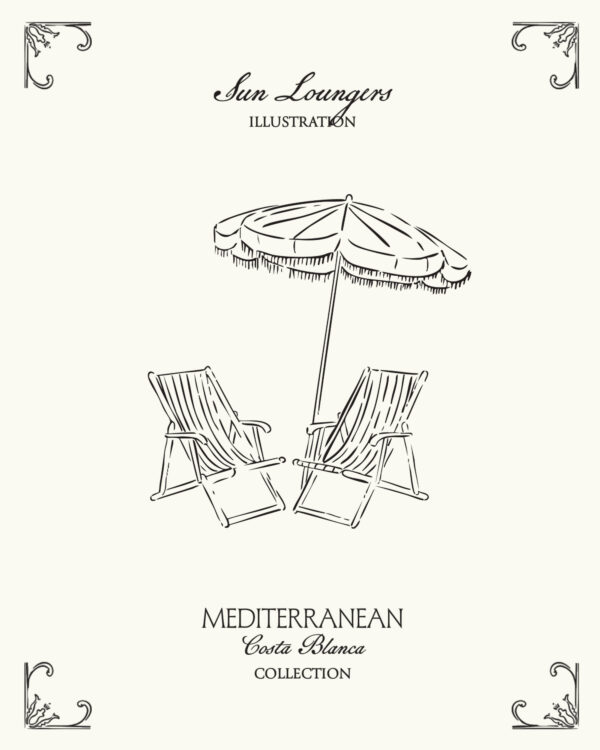 Mediterranean sun loungers and beach umbrella illustration inspired by coastal resort aesthetics
