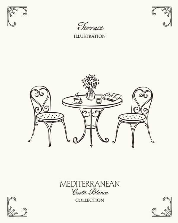 Mediterranean terrace illustration inspired by the outdoor café culture of Spain’s Costa Blanca