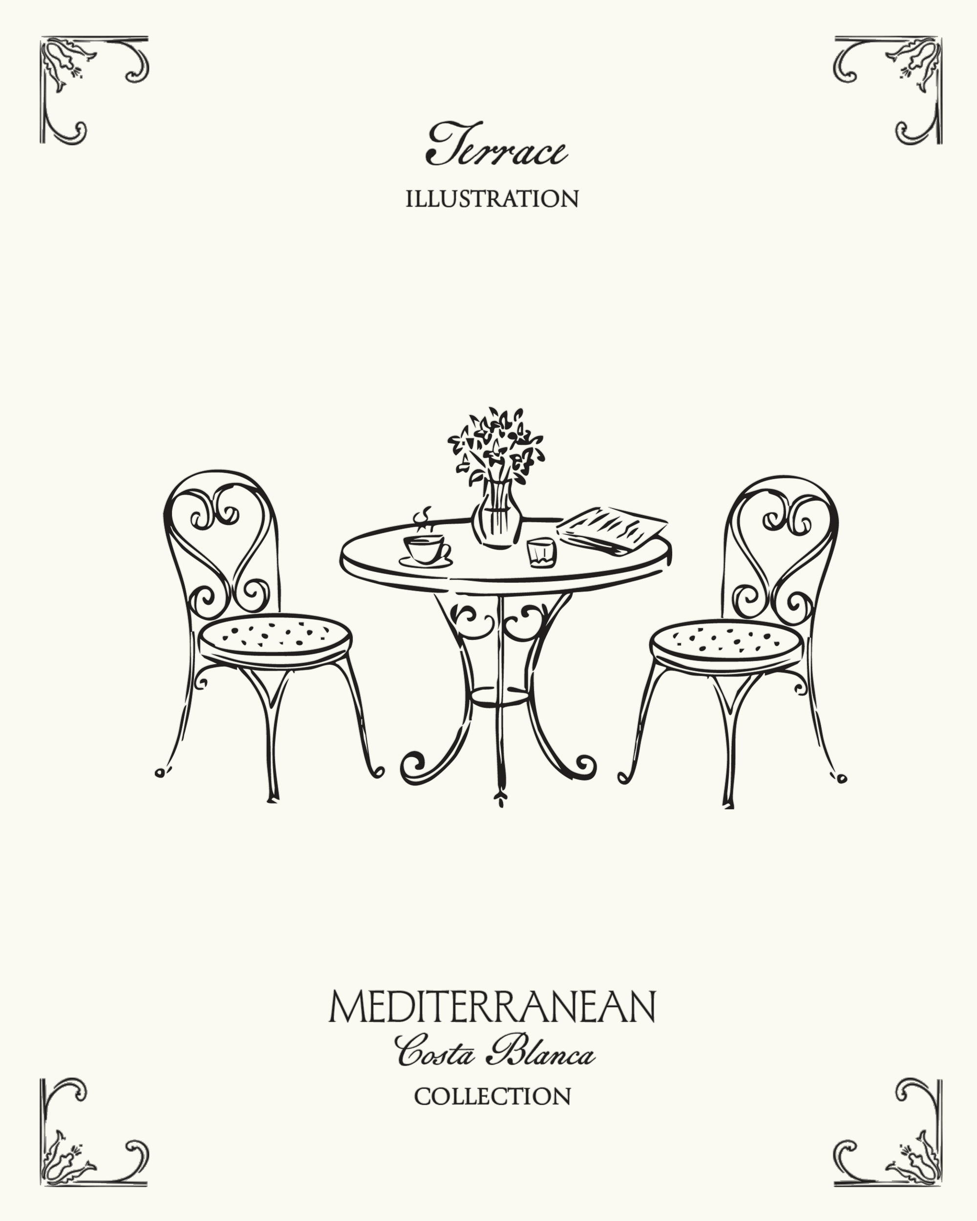Mediterranean terrace illustration inspired by the outdoor café culture of Spain’s Costa Blanca
