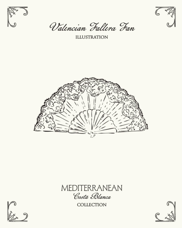 Decorative Spanish hand fan illustration inspired by Valencian Fallera tradition and Mediterranean culture
